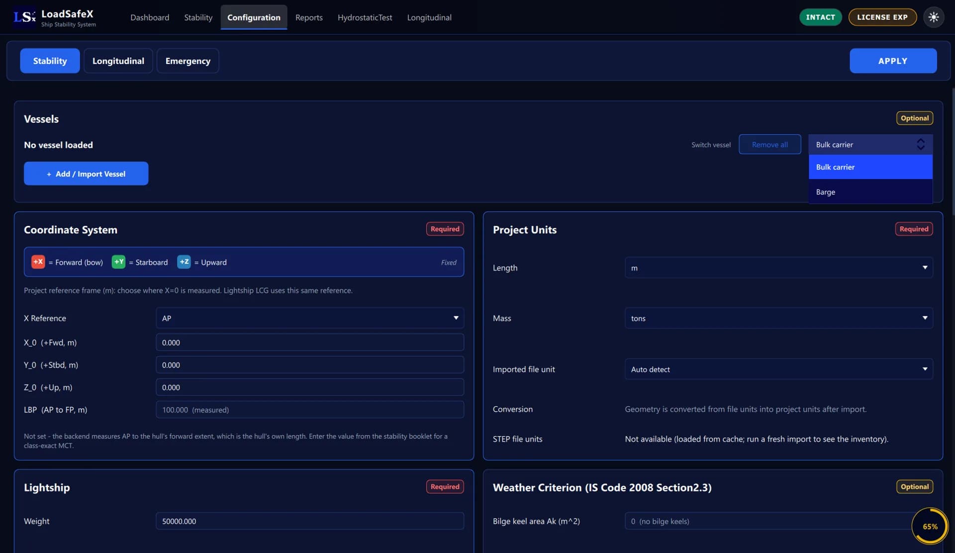 LoadSafeX configuration screen before any vessel is loaded, with lightship and weather criterion still required