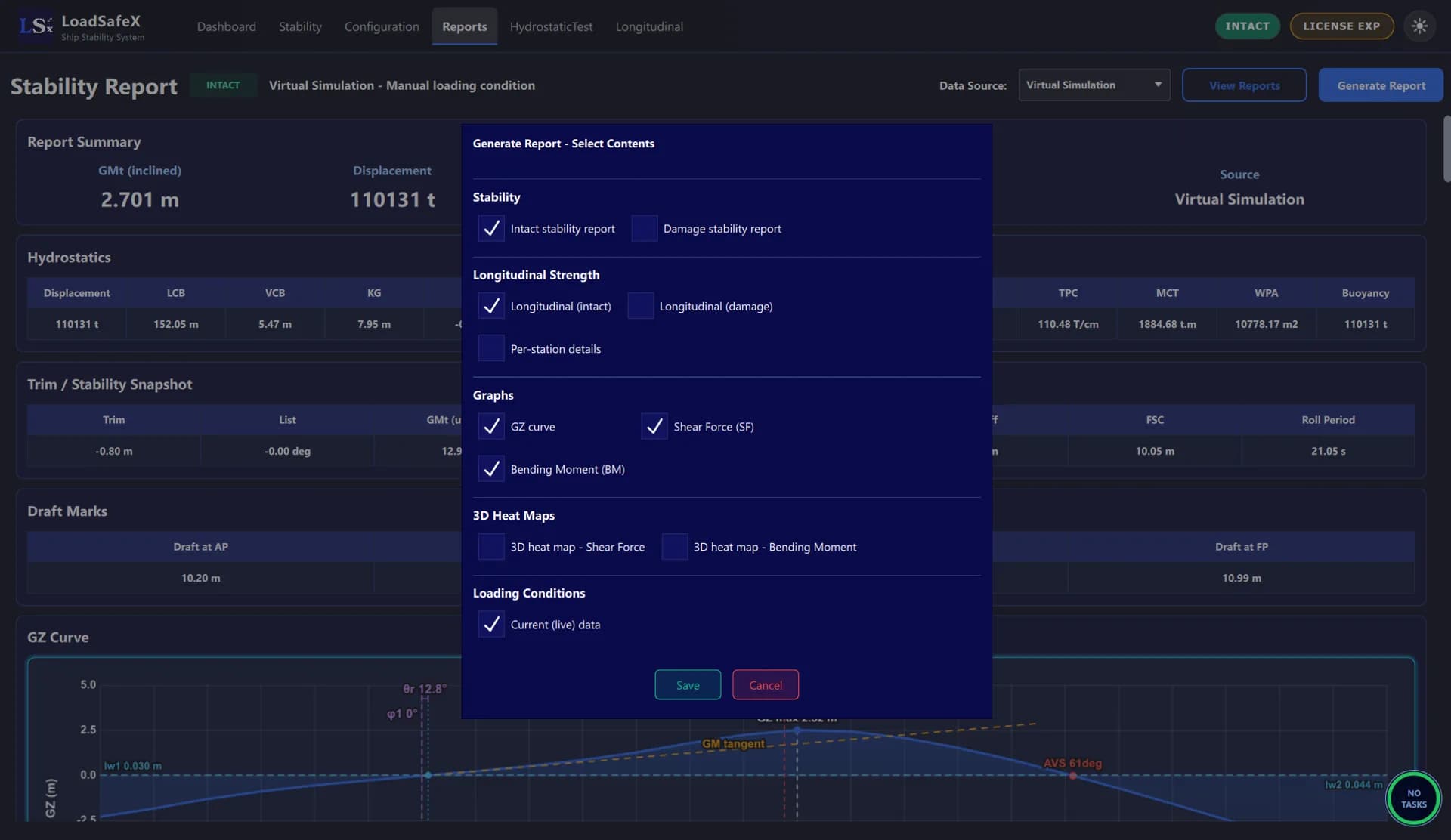 LoadSafeX generate report dialog with selectable stability, longitudinal strength, graph and heat map sections