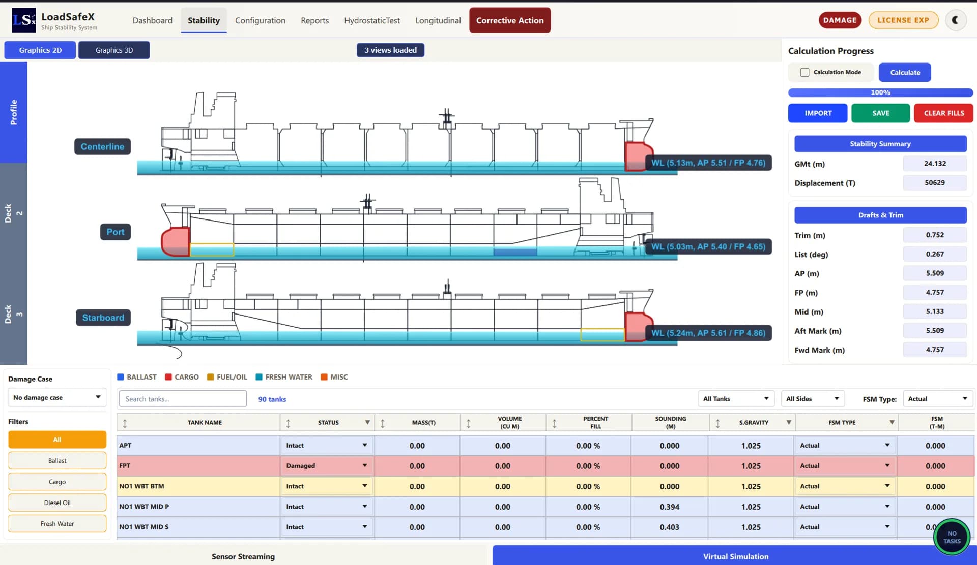 LoadSafeX 2D vessel profiles in a damage case with the flooded compartment marked in red