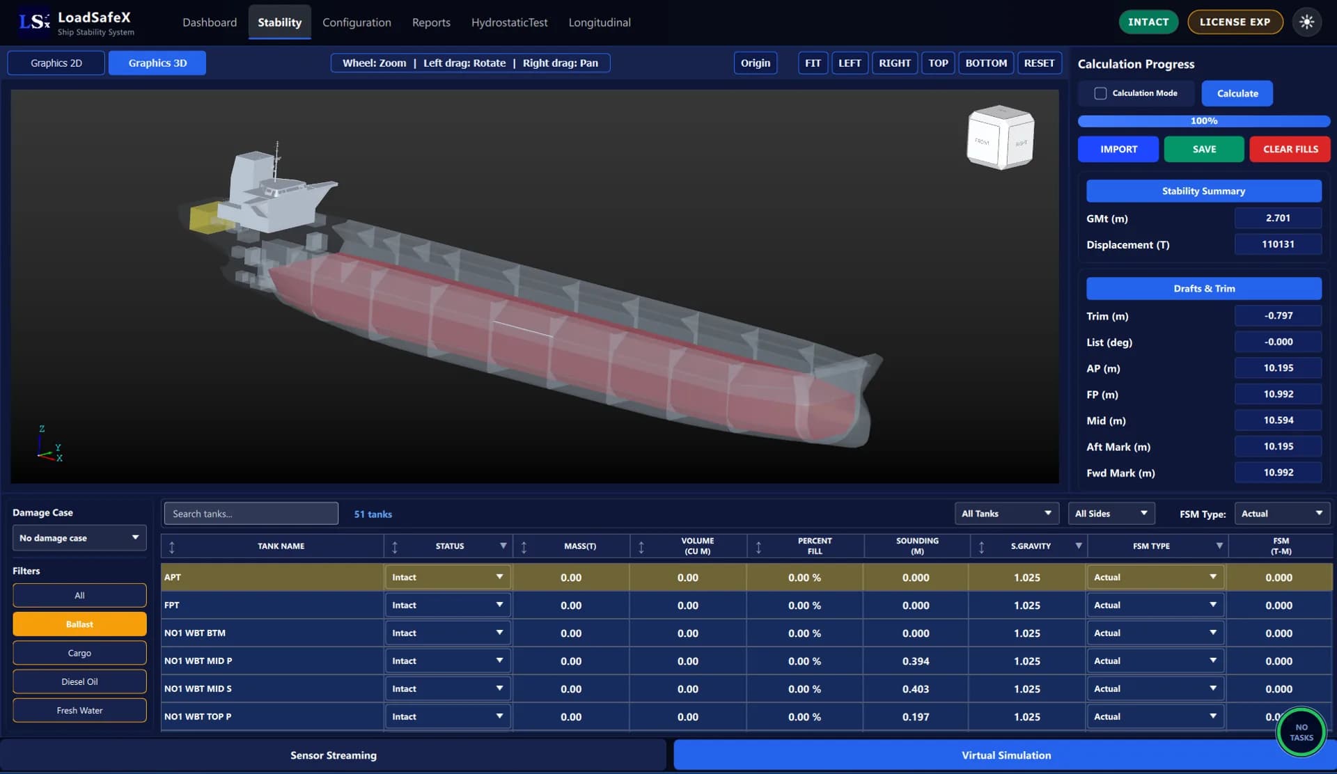 LoadSafeX 3D hull with tank fills and the live stability summary