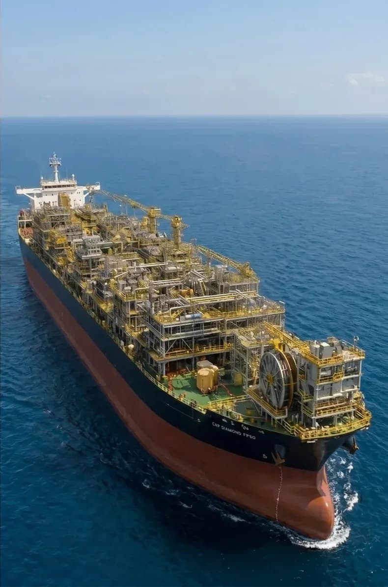 Aerial view of the same hull after conversion to a floating production vessel with topsides