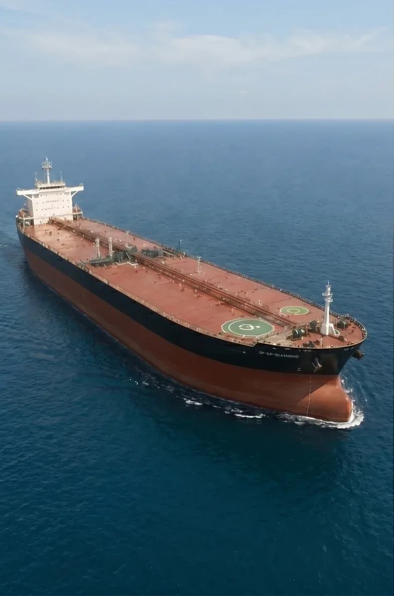 Aerial view of a crude oil tanker at sea before conversion