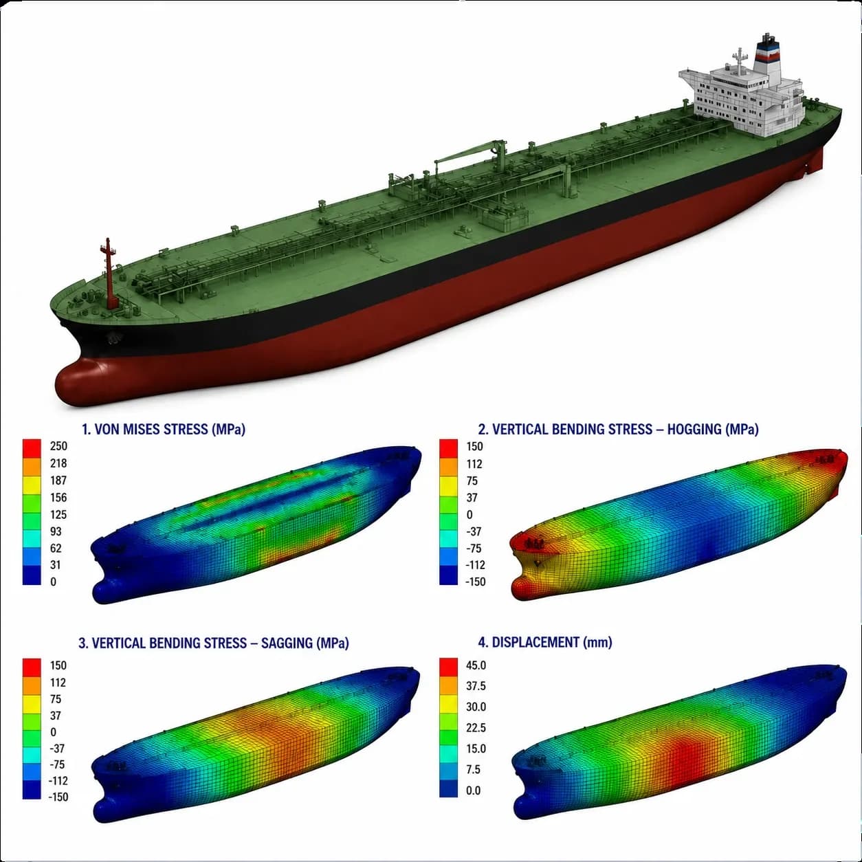 Global hull finite element analysis of an oil tanker showing stress and displacement plots