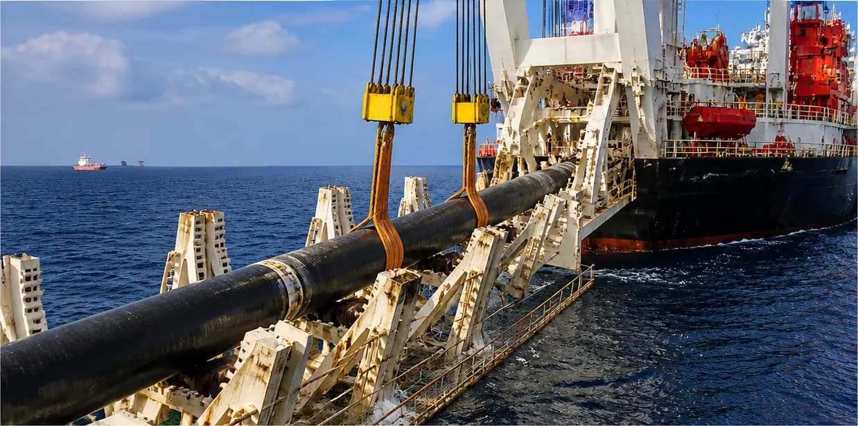 Pipe-lay vessel deploying a subsea pipeline over its stern ramp offshore