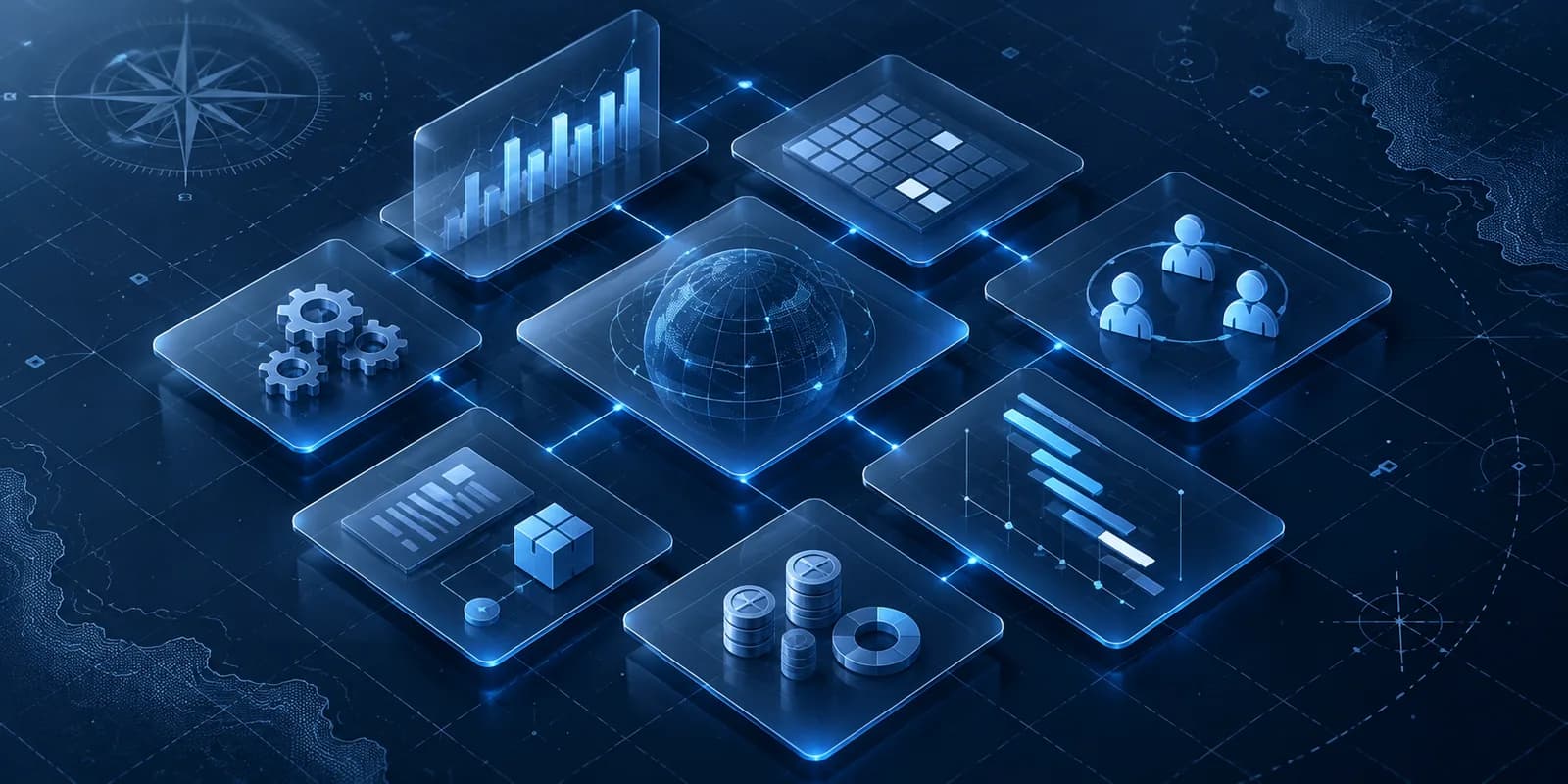 Concept visualization of connected project, team, procurement and analytics workflows