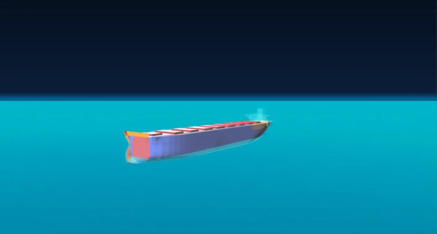 LoadSafeX 3D view of a loaded vessel floating at its calculated waterline