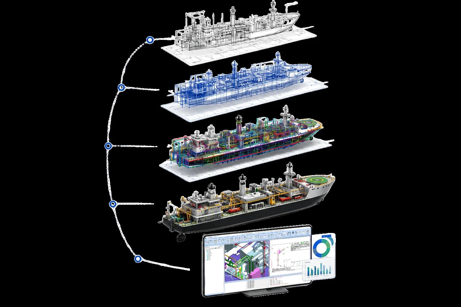 Layered ship design model illustrating a digital shipbuilding workflow