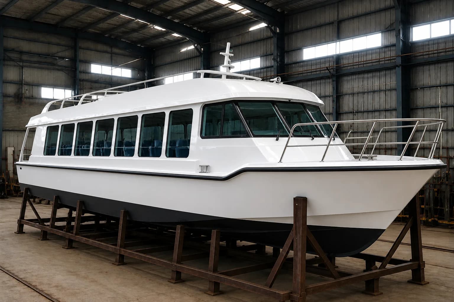 FRP passenger boat under construction inside a boatyard