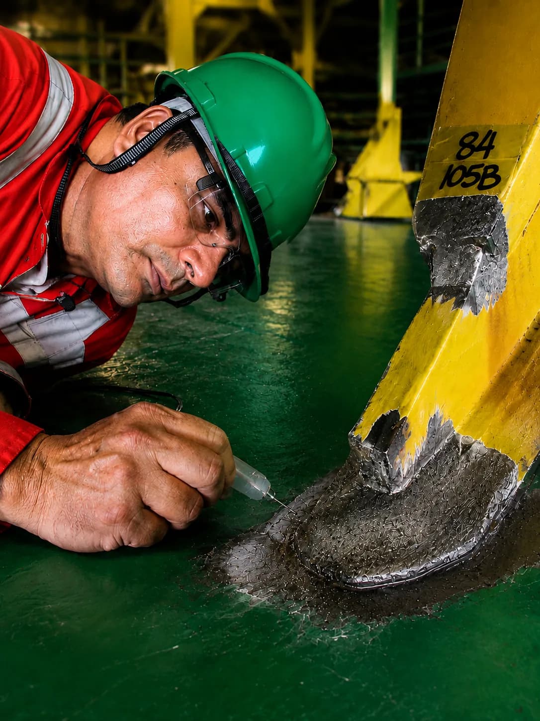 Technician carrying out ultrasonic peening on a metal structure