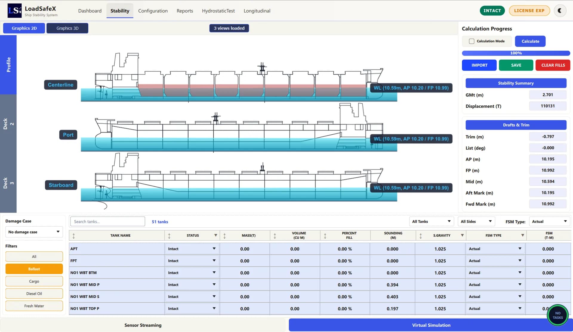 LoadSafeX 2D vessel profiles with the live stability summary — GM, displacement, drafts and trim — recalculated beside the tank fill table