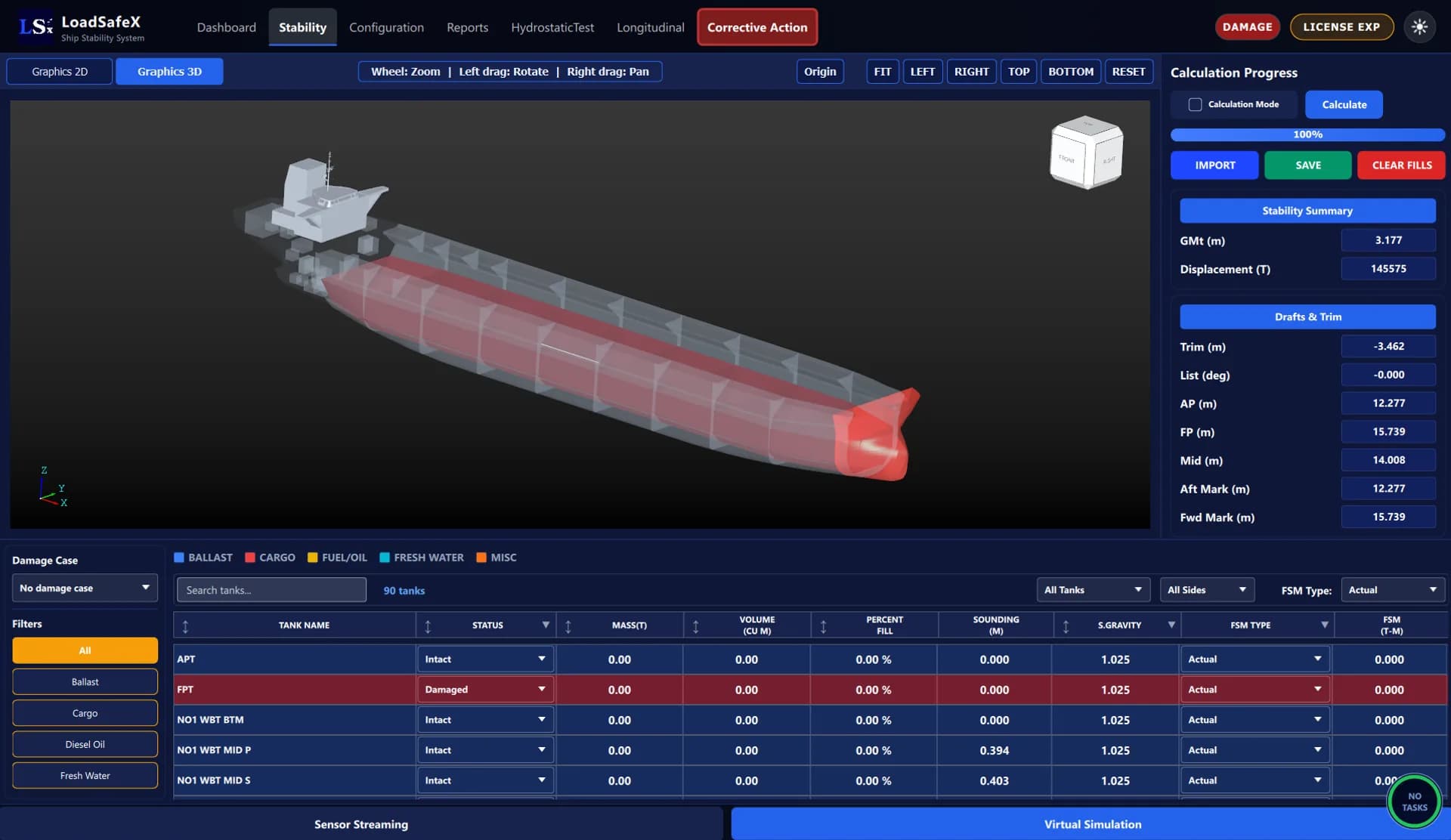 LoadSafeX 3D vessel model with colour-coded ballast, cargo and fuel tanks and a damaged tank highlighted in the tank table